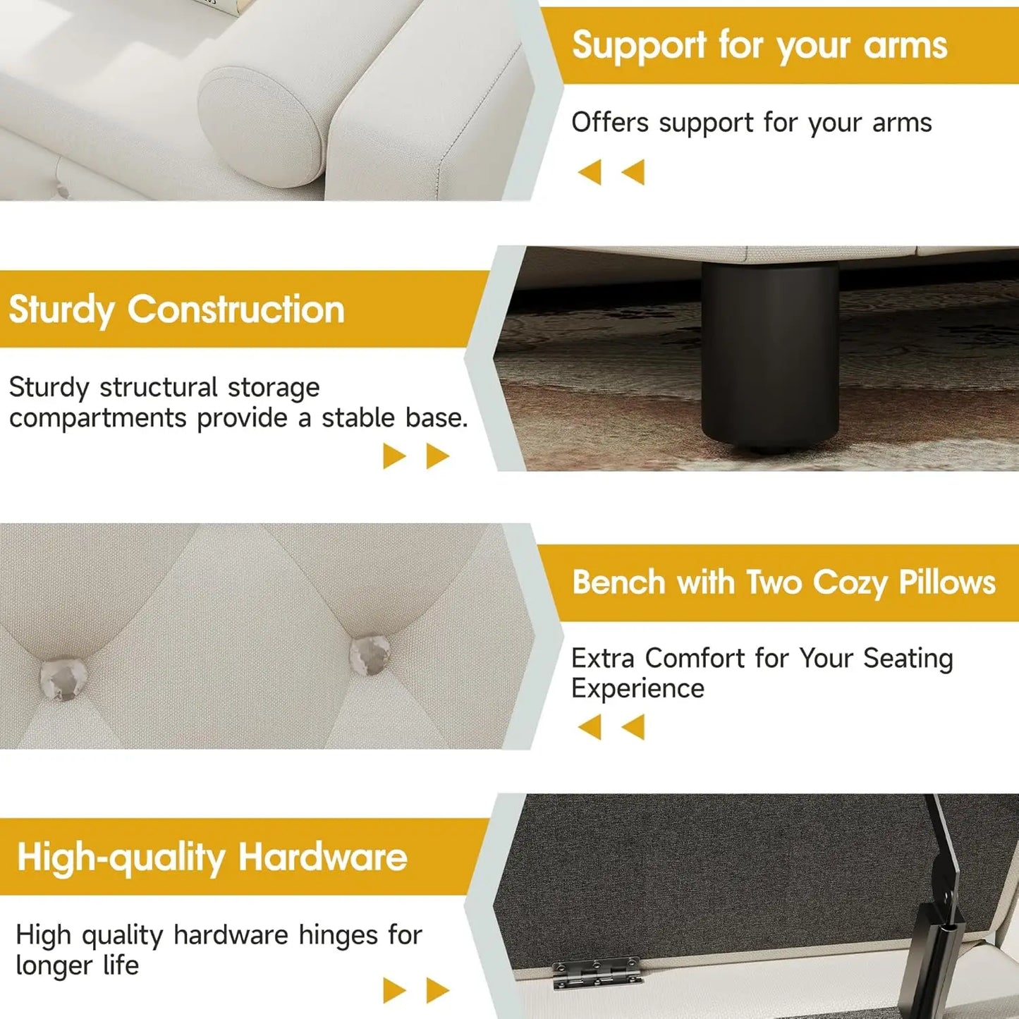 Vabches 55'' Ottoman Storage Bench Linen Upholstered Bedroom Bench Footrest Stool with Arms & 2 Pillows for Living Room Entryway