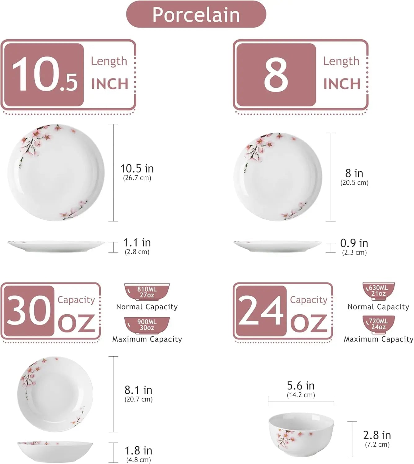 24 Pieces Dinnerware Sets for 6, Porcelain Plates and Bowls Set with Pink Floral, Classic Dishes Set Dining Ware for Dinner, Mic