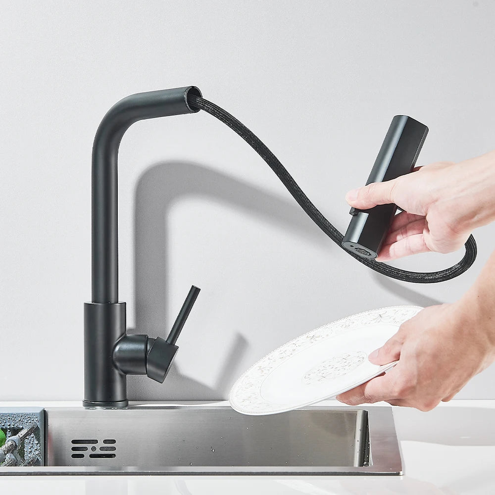 Black Kitchen Faucets Black Pull Out Rotation Waterfall Sprayer Sink Mixer Brushed Nickle Water Tap