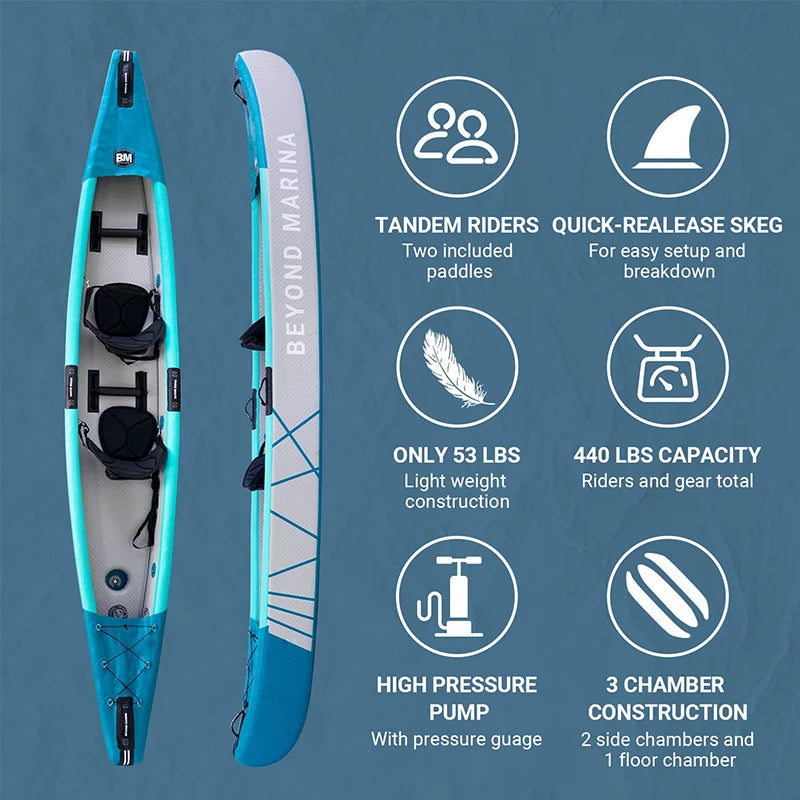 BEYOND MARINA Foldable Double Inflatable Kayak Boats Drop Stitch 2 Person 422cm Fishing Canoe High Pressure