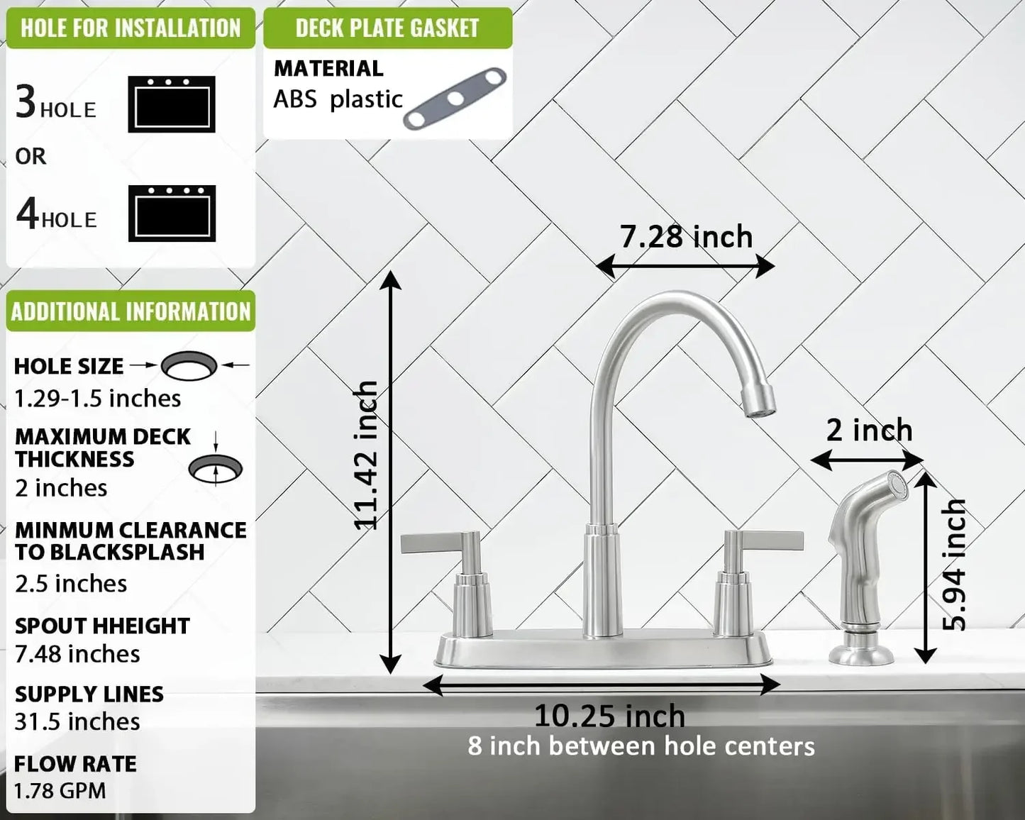 Kitchen Faucet with Sprayer, Brushed Nickel Stainless Steel Kitchen Sink Faucet W/ Side Sprayer, 3 Hole or 4 Hole Faucet