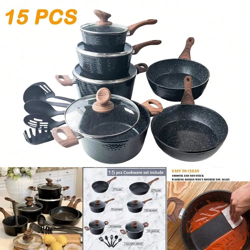 15 Piece Hammered Cookware Set Nonstick Granite Coated Pots and Pans Set