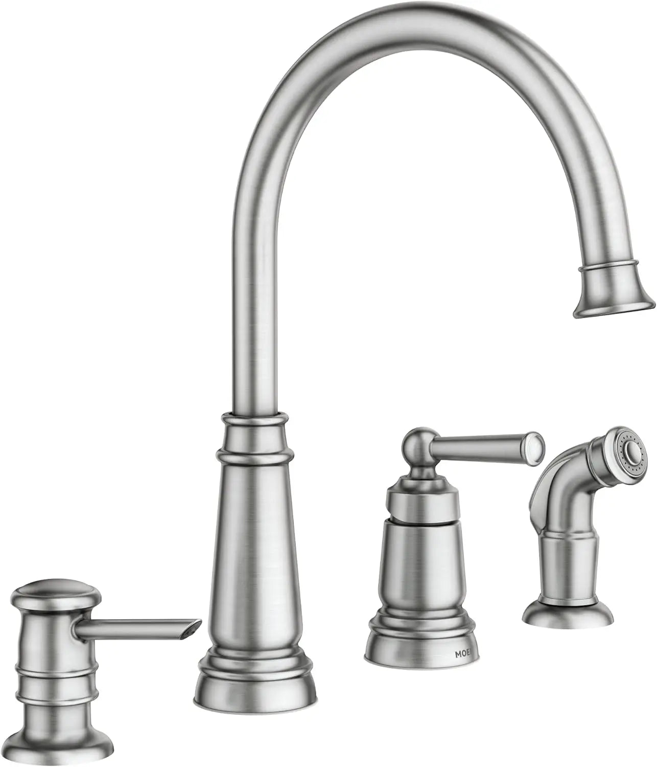 Spot Resist Stainless One-Handle High Arc 4-hole Kitchen Faucet with Side Sprayer and Soap Dispenser, 87042SRS