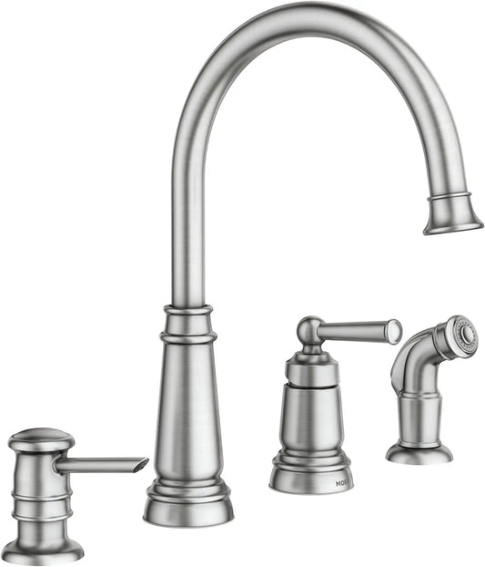Spot Resist Stainless One-Handle High Arc 4-hole Kitchen Faucet with Side Sprayer and Soap Dispenser, 87042SRS