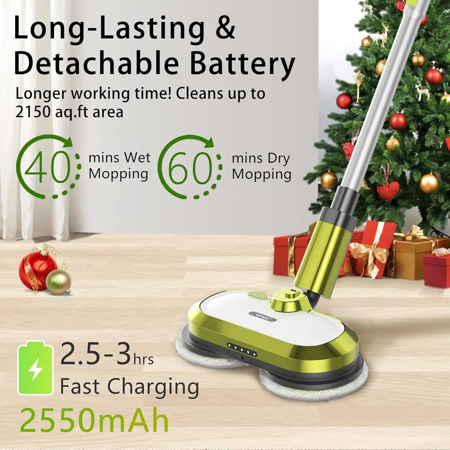 Mop, Electric Spin Mop with LED Headlight and Water Spray, Up to 60 mins Powerful Floor Cleaner with 300ml Water Tank & Detachab