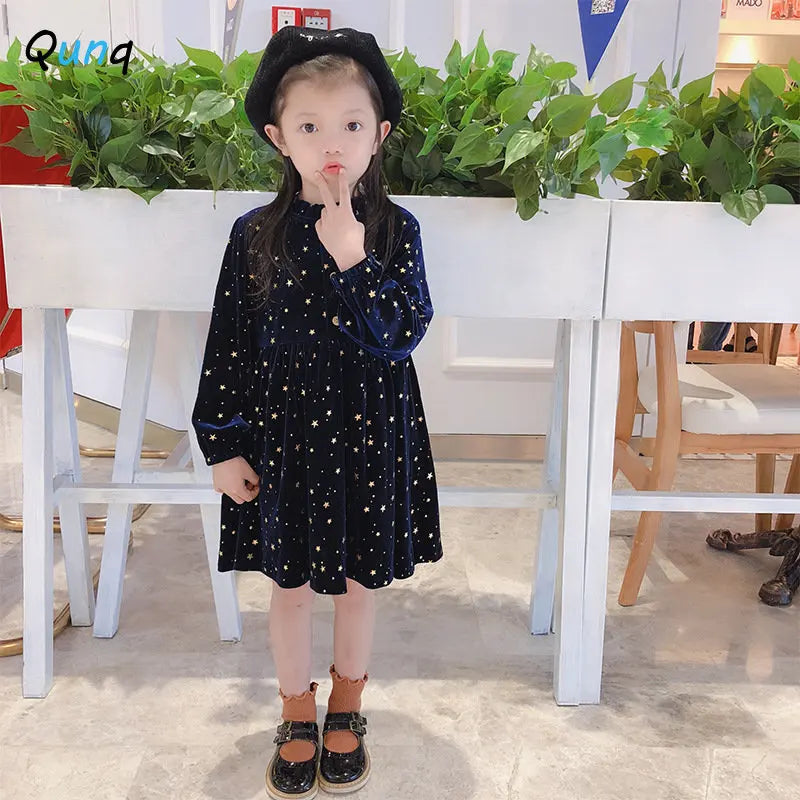 Qunq Girls' Autumn New Solid O-neck Velvet Long Sleeve Hot Stamping Stars Princess Dress Lovely Casual Kids Clothes Age 3T-8T