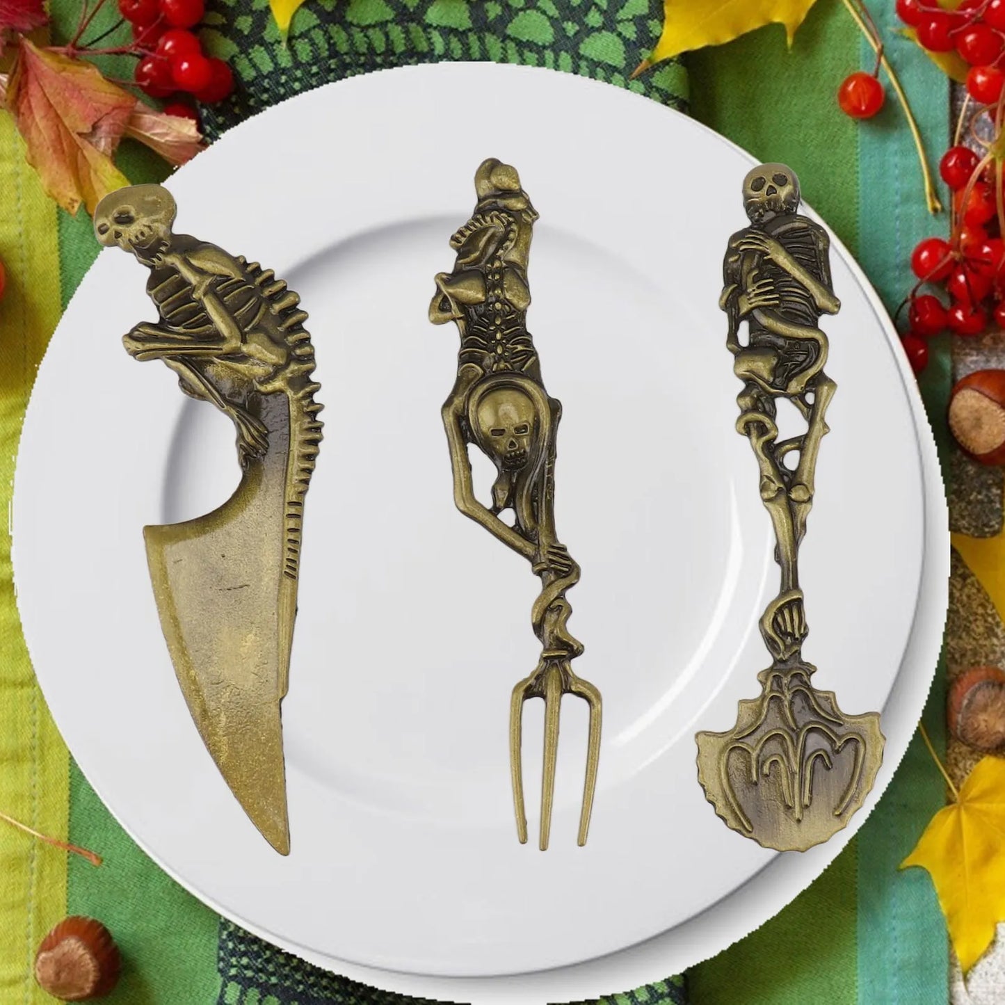 Halloween Skeletal Cutlery Sets Personality Skull Metal Zinc Alloy Tableware Creativity Skeleton Fork Spoon Knife Halloween Gif