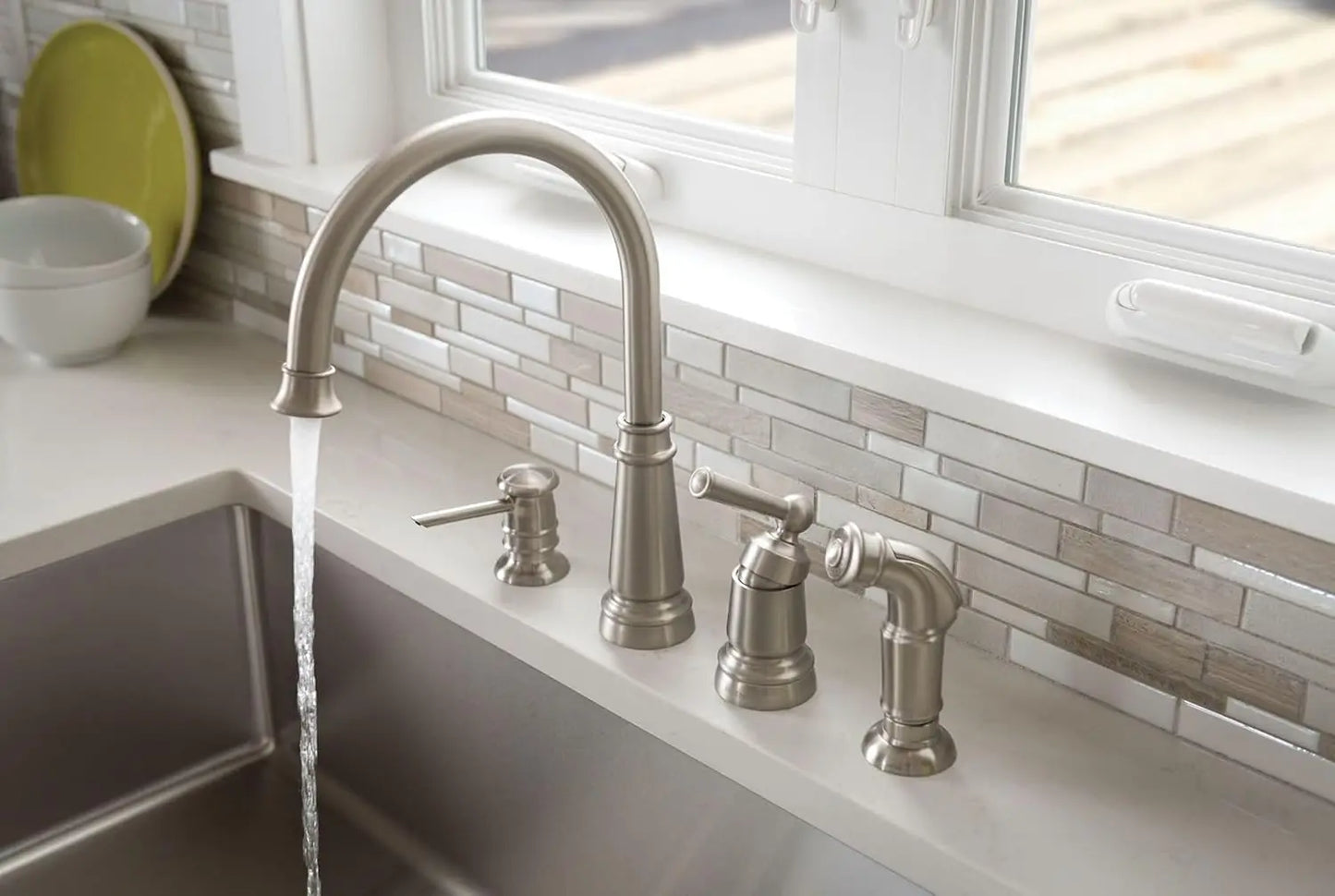 Spot Resist Stainless One-Handle High Arc 4-hole Kitchen Faucet with Side Sprayer and Soap Dispenser, 87042SRS