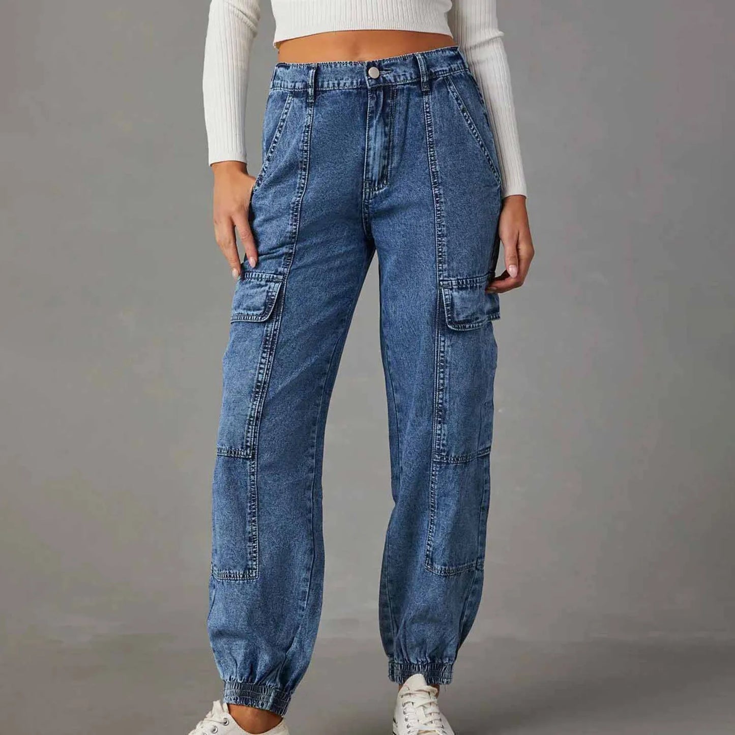 Women Work Jeans Cargo Pants Fashion Casual Elastic Waist Loose Pants Jag Cords Classic Women Clothing Pantalones De Mujer