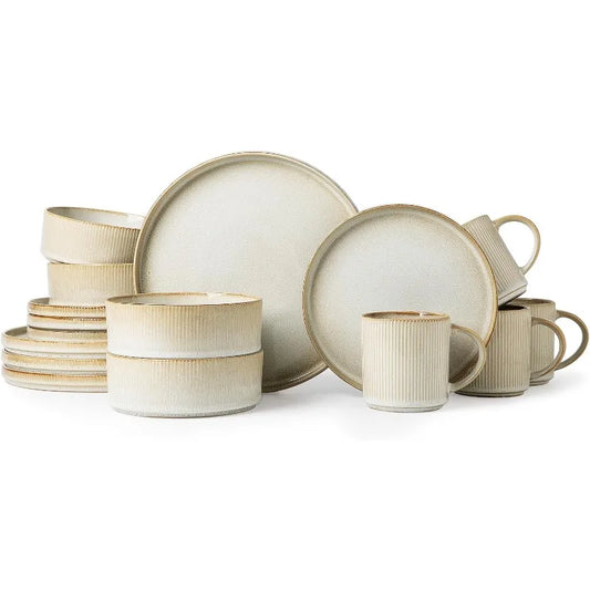 Ceramic Dinnerware 16 Pieces Dinner Set,Plates Pasta Bowls Cereal Bowls Reactive Change Glaze Dish Sets, Modern Stoneware Dishes