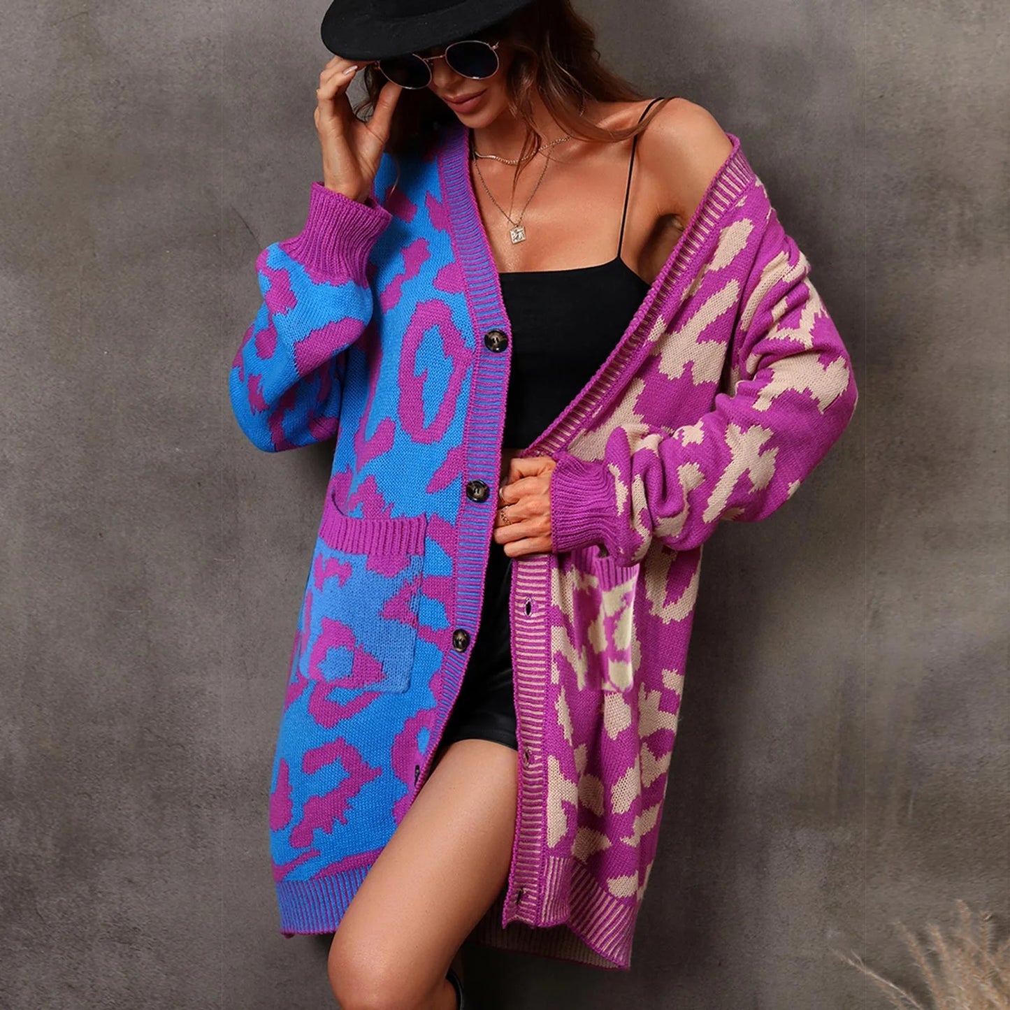 Autumn Winter 2024 New Leopard Splice Sweater Women Knitted Cardigan Fashion Streetwear Pocket Coat Mid Length Cardigan Tops