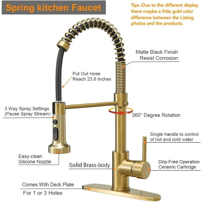 Brushed Gold High Arc Spring Kitchen Faucet with Pull Down Sprayer,Single Lever Kitchen Sink Faucet,Single Handle Faucet