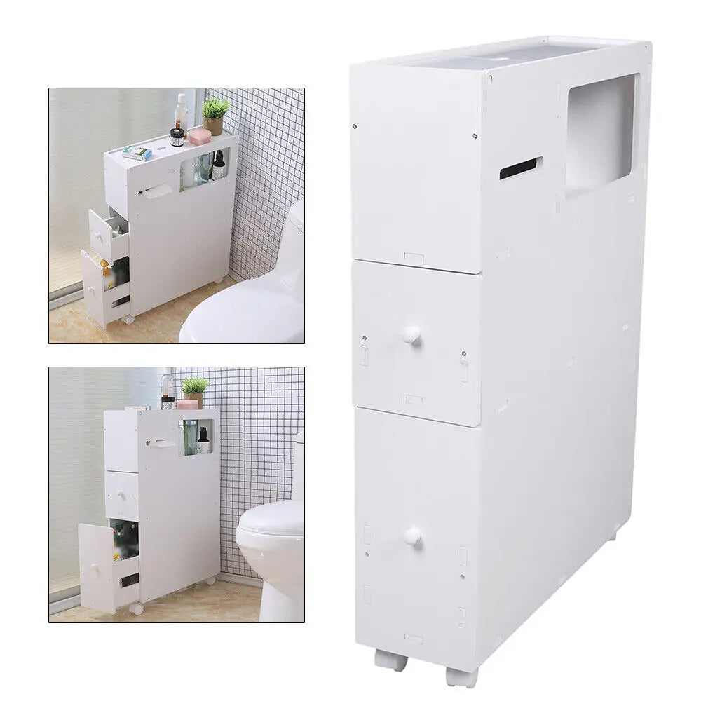 Floor Standing Slim Bathroom Storage Cabinet, White Narrow Cupboard Shelf