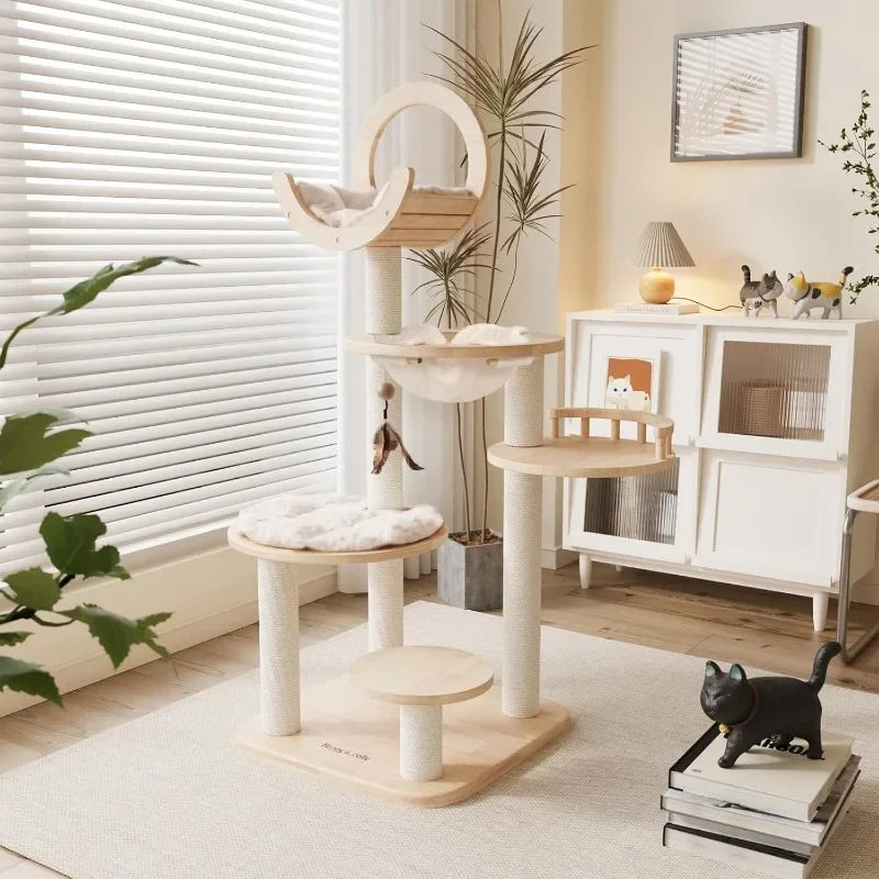 Solid Wood Cat Tree - 56.3" Multi-Leve Building Block Cat Tower with Cozy Hammock, Sisal Scratching Posts, Padded Platform